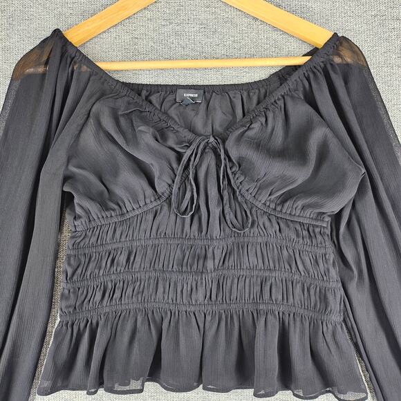 EXPRESS WOMENS BLACK SMOCKED PUFF SLEEVE BLOUSE SIZE XS SQUARE NECK - Picture 3 of 10
